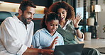 Parents, girl and video call with wave, laptop and excited with smile, contact and chat in living room. Interracial couple,  happy and computer with hello, bonding and love on couch at family house