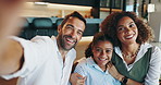 Face, happy family and selfie with parents in home for love, care or bonding together. Portrait, interracial mother and father with child for photography, pov or laugh for social media in living room