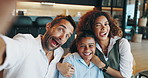 Funny face, happy family and selfie with kid in home for love, goofy and interracial parents. Portrait, mother and father with playful child for silly photography, pov or social media with tongue out