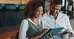 Relax, tablet and couple with coffee, home and remote work with tech in living room, romance and smile. Bonding, man and woman with app in morning, laughing and conversation with partner in lounge