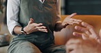 Argue, fight and hands of angry couple in home for conflict, frustrated and talking for problem. Relationship, marriage and upset people on sofa with gesture for disagreement, discussion and crisis
