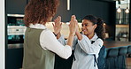 Mom, girl and high five in home to school, kid and excited to start learning, education and love. People, mother and daughter with cheers, celebration and support for good grades at family house