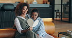 Mothers day, card and mom with child on sofa for bonding, relationship and thank you for gift. Family home, hug and happy parent with girl embrace for affection, support and celebrate in living room