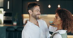 Interracial couple, dancing and happy with love in home, care and excited with conversation for memory. People, man and woman with smile, steps and connection with talking, remember and 