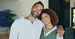 Couple, hug and relax with face for love, support and bonding together at home. Happy woman, man and portrait with smile for touch, comfort and satisfaction for marriage or commitment with embrace