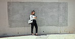 Business, outdoor and woman with cellphone, thinking and internet with communication. Person, employee and sales consultant with smartphone, social media or connection with digital app or message