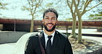 Face, business and man in city, smile and confidence with career ambition, corporate professional and pride. Portrait, person and accountant with financial advisor, outdoor and employee in New York