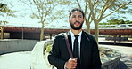 Business, man and walk with thinking in city for travel, morning commute and planning of startup. Male person, ideas and urban search with briefcase for ambition, corporate career and job opportunity