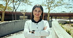 Face, business and woman with confidence in city of travel, morning commute and about us. Portrait, female accountant and arms crossed for ambition, career pride and experience of finance opportunity