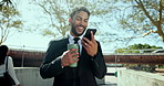 Business, outdoor and man with smartphone, funny and internet with online reading. Coffee, employee and person with cellphone, social media or connection with digital app, laugh or message to contact