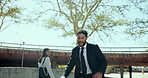 Business, smile and man on city, dancing and celebration with positive feedback. Portrait, happy person or employee with energy, outdoor or movement with expression, success or excited in New York