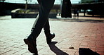 Business person, running and late with legs or briefcase for travel, commute or delay in city. Employee, feet and walking with speed in rush for deadline, busy schedule or lack of time in urban town