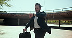Late, watch or businessman running in city, time management and morning commute to work. Hurry, rush or corporate employee on urban street with briefcase for travel or urgent deadline with fast speed