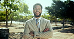 Happy, business and man with face in city of travel, morning commute and ambition as accountant. Portrait, male person and arms crossed for corporate career, finance growth and investment opportunity