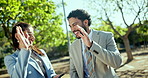 Happy, business people or high five with phone for good news, success or teamwork at park. Businessman, woman or colleagues with smile or app for achievement, promotion or job opportunity in nature