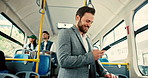 Business man, bus and phone with smile for notification, email and good news with transport to workplace. Person, happy and smartphone for texting, contact and social media on app to office in city