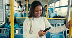 Girl, teenager and student with phone, bus and happy for travel with app, backpack and web chat. Child, smile and smartphone with funny meme, video and social media with transport for back to school