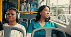 Bus, thinking and nurse by window for journey, commute and travel to work in city. Public transport, passenger and woman on vehicle for trip, destination and traffic in urban town for morning routine