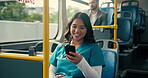 Bus, smile and nurse with phone for social media, commute and travel to work in city. Public transport, passenger and woman on journey for trip, destination and traffic in town for morning routine
