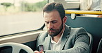 Bus, travel and man with smartphone, check time and passenger with delay, digital app and commute. Person, employee and guy with smart watch, cellphone and public transportation with connection
