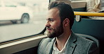 Bus, business and man with commute, travel and morning with passenger, city road and public transportation. Happy person, employee and consultant with appointment, urban town and journey with window