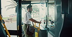 Bus, payment and people with smartphone, morning and travel with journey, commute and city road. Ecommerce, tap and passengers with public transportations, technology and online purchase with app