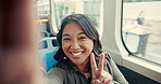 Woman, selfie and happy with peace sign, bus and face for travel vlog, excited and post on web. Person, influencer and portrait with emoji, transport and photography for social media in Malaysia