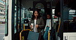 Bus, stop and open doors for people in city with public transportation, drive and services in street. Man, woman and child with vehicle, outdoor and urban sidewalk for commute, travel or ride in town