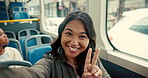 Woman, selfie and smile with peace sign, bus and face for travel vlog, excited and post on web. Person, influencer and portrait with icon, transport and photography for social network in Malaysia