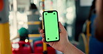 Hands, bus and person with smartphone, green screen and internet with mockup space. Closeup, people and passenger in vehicle, cellphone and tracking markers with digital app and communication