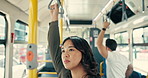 Bus, thinking and Asian woman in city for travel, journey and commute in urban town for sightseeing. Public transport, passenger and person on vehicle for tourism adventure, trip and destination