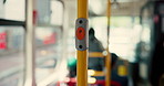 Hand, bus stop and person with button, press and commute with city service, traffic and urban journey. Closeup, passenger and public transportations with trip, city service and travel to destination