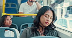 Business woman, sleeping and tired in bus on commute from workplace with fatigue, burnout and dream by window. Person, passenger and drive with rest, exhausted and public transport for job in town