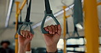 People, hands or bus with handle for safety, security or grip for travel in urban town. Closeup, commute or citizen with holding bar in vehicle or passenger for trip, balance or public transportation