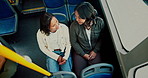 Bus, mother and girl with conversation, above and explore with road trip, commute and relax. Family, single parent and mama with daughter, discussion and public transportation with urban journey
