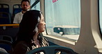 Bus, window and happy Asian woman for travel, journey and commute in urban town for sightseeing. Public transport, passenger and person on vehicle for tourism adventure, trip and destination in city