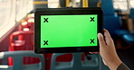 Hands, bus and person with tablet, green screen and internet with mockup space. Closeup, communication and passenger in vehicle, tech and tracking markers with digital app and message to contact