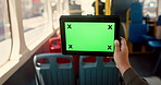 Hands, bus and woman with tablet, green screen and internet with public transportation. Closeup, person and passenger in vehicle, technology and tracking markers with digital app and mockup space