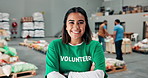 Face, volunteer and woman with arms crossed, smile and donation to community center and fundraiser. Nonprofit, confident and person with kindness for social responsibility, ngo and gifts for charity