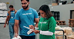 Volunteer, donation or woman with clipboard in warehouse for food drive inventory, stock management or NGO project. Community service, writing and checklist for grocery supplies and charity outreach