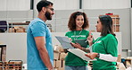 Volunteer, group and people in warehouse on checklist for donation, inventory discussion and food bank. Charity, help and community service at storehouse with happy team planning stock for grocery