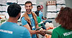 Smile, people and volunteer with handshake for donation agreement, welcome and community service. Staff, talk and meeting on tablet with charity deal, humanitarian crises and ngo negotiation for help