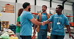 Checklist, food drive and handshake with volunteer people in community center for activism. Collaboration, social responsibility and teamwork with humanitarian team shaking hands for donation goals