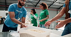 Charity, food drive and teamwork with volunteer people packing donations for community outreach. Aid, contribution and social responsibility with ngo group organizing oats for non profit soup kitchen