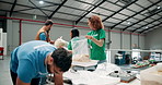 Charity, food drive and teamwork with volunteer group packing donations for community outreach. Aid, contribution and social responsibility with ngo people organizing oats for non profit soup kitchen