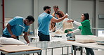 Charity, food bank and teamwork with volunteer people packing donations for community outreach. Contribution, humanitarian aid and social responsibility with ngo group organizing oats for non profit