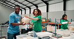 Charity, contribution and food drive with volunteer people packing donations for community outreach. Aid, social responsibility and teamwork with ngo group organizing oats for non profit soup kitchen