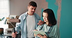 House, painting and couple with tablet, planning and searching for ideas on social media or new home. Online, talking and people with tech for renovation, creative and painter with brush in apartment