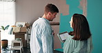 House, painting and couple with tablet, searching and online for ideas on social media or new home. Planning, talking and people with tech for renovation, creative and painter with brush in apartment