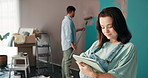 House, couple and woman with tablet, painting and searching for idea on social media or new home. Online, browsing and pregnant person with tech for renovation, plan or color for nursery in apartment